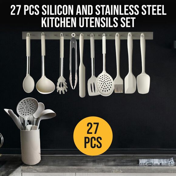 27 PCS Silicone Kitchen Utensils Set Stainless Steel Handle Heat Resistant Khaki - Picture 3 of 12